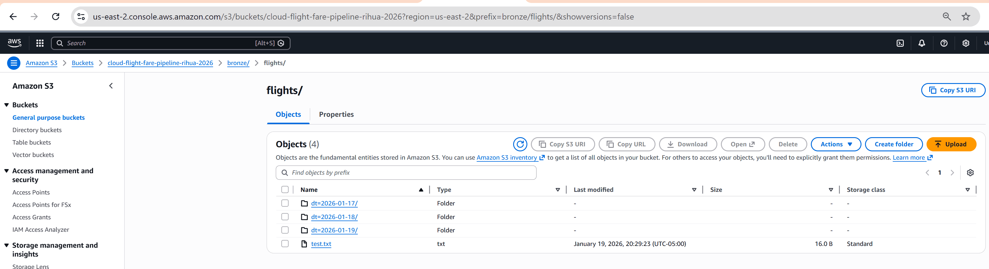 Amazon S3 console showing bronze flight fare snapshots