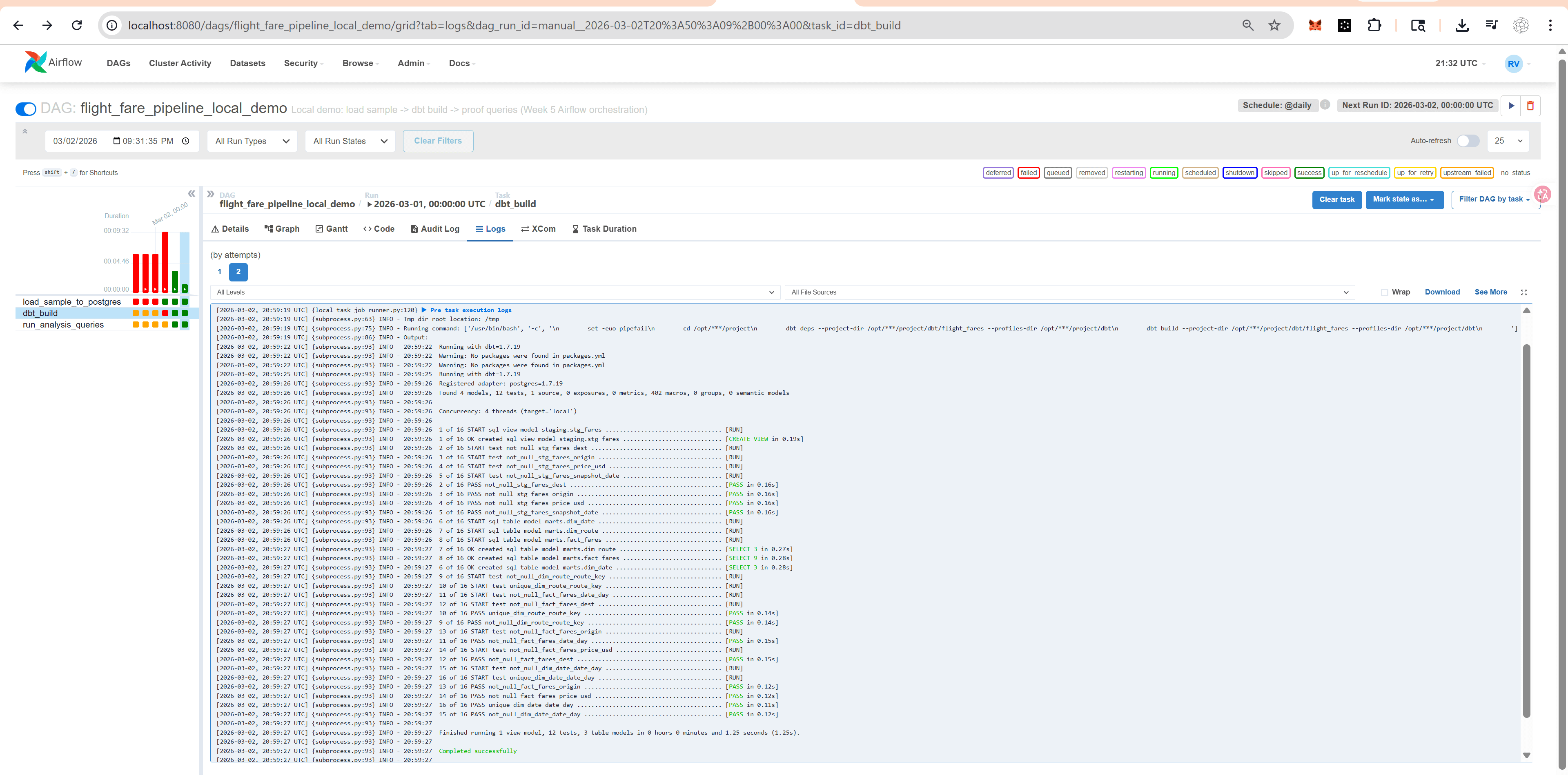 Airflow task log showing successful dbt build output